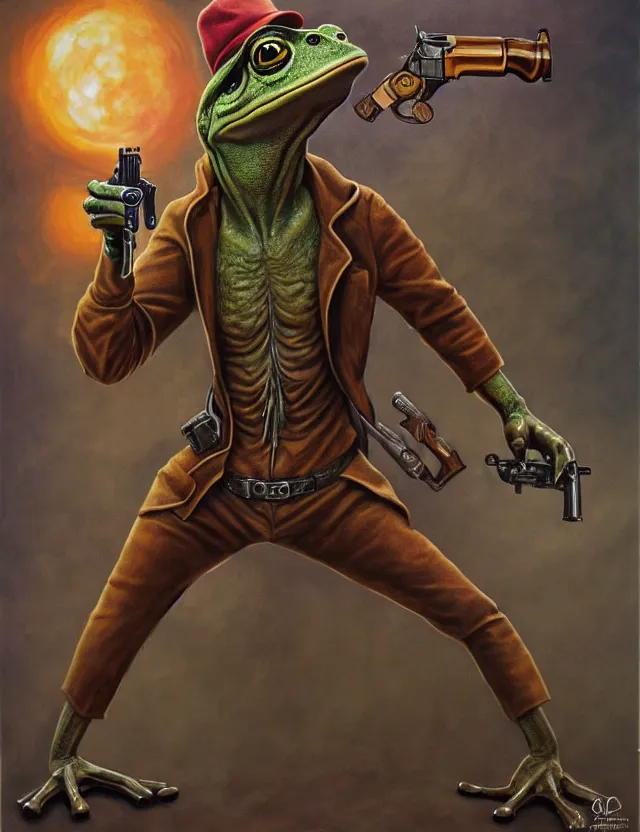 Image similar to anthropomorphic bipedal frog that is wearing a brown leather trenchcoat, and dual wielding revolver pistols, as a matte oil painting and d & d character art, by alex grey, retrofuturistic, science fantasy, standing, fullbody, concept art, award - winning, extremely detailed, sharp focus