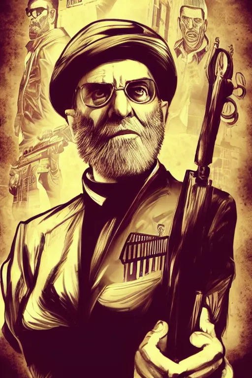 Image similar to angry ali khamenei, with pointing finger, delete duplicating content, parallel content, hyperrealistic anatomy body content, violet polsangi pop art, gta chinatown wars art style, extreme quality masterpiece, bioshock infinite art style, incrinate, 2 color, white frame, content balance proportion