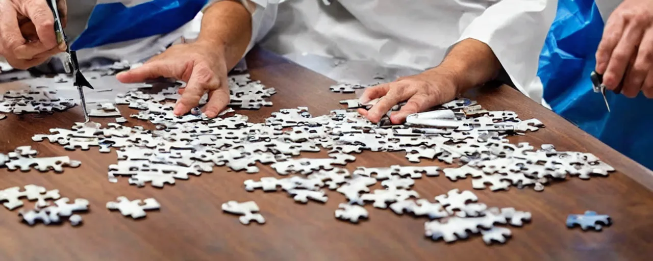 Image similar to a surgeon using a scalpel on a jigsaw puzzle on a table