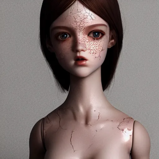 Prompt: Beautiful bjd doll girl head, long shiny hair, intricate detailed, cracked lines repaired with kintsugi, symmetrical face, sharp focus, octane render, high quality, 8k, volumetric lighting, on black background, trending on pinterest