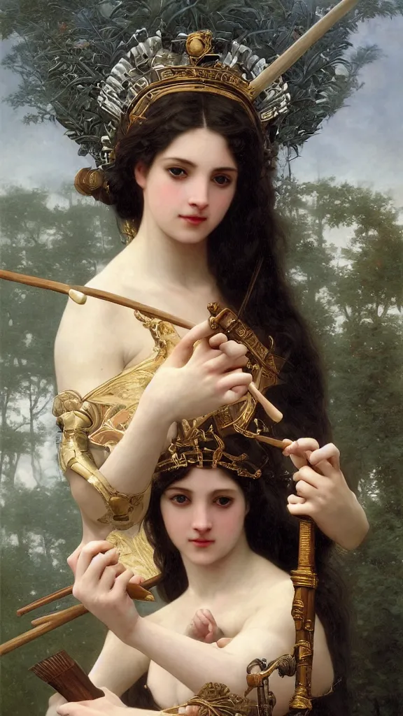 Image similar to a goddess with dark hair and pale skin armed with spear and a crown on her head, hyperrealistic, octane render, Regal, Refined, Detailed Digital Art, RPG portrait, William-Adolphe Bouguereau, Michael Cheval, Walt Disney (1937), Steampunk, hyperdetailed, artstation, cgsociety, Volumetric Golden dappled dynamic lighting, Highly Detailed, Cinematic Lighting, Unreal Engine, 8k, HD