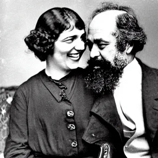 Image similar to Karl Marx and Ayn Rand laughing an hugging, photo, 1920, salon backround