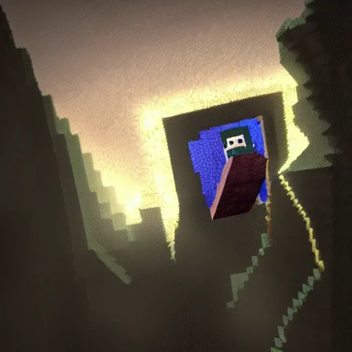 Image similar to Steve from Minecraft, Steve is falling into the dark eldritch void, chiaroscuro, dramatic lighting