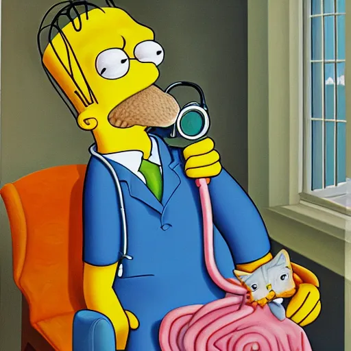 Image similar to doctor home simpson operating on a cat, oil and acrylic on canvas, high detail