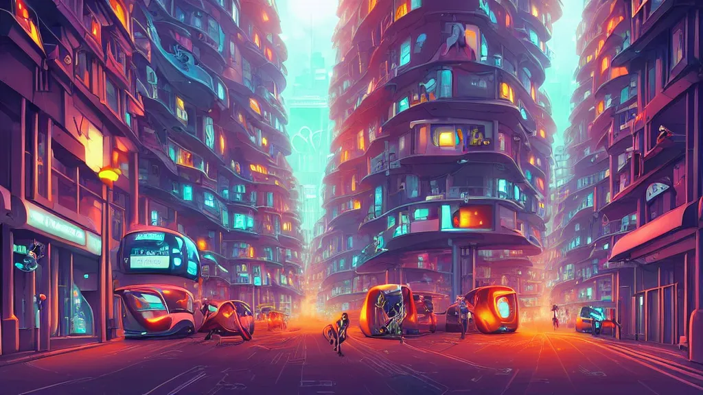 Prompt: street view of futuristic robot london city at night by cyril rolando and naomi okubo and dan mumford and zaha hadid. robots. robots walking the streets. advertisements for robots. robotic elegant lamps. robotic double decker bus.