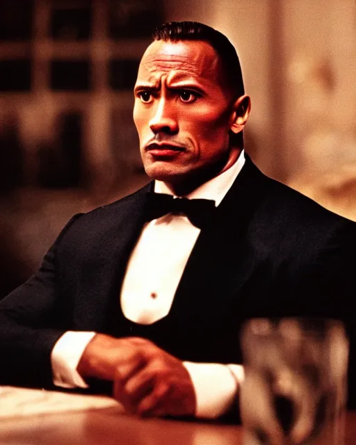 Image similar to film still close up shot of dwayne johnson as vito corleone from the movie the godfather. photographic, photography