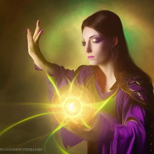 Image similar to a female warlock casting a magic spell, a small floating orb by her side, purpleish aura, d & d, fantasy, magic, hdr, studio lighting, mucha style,