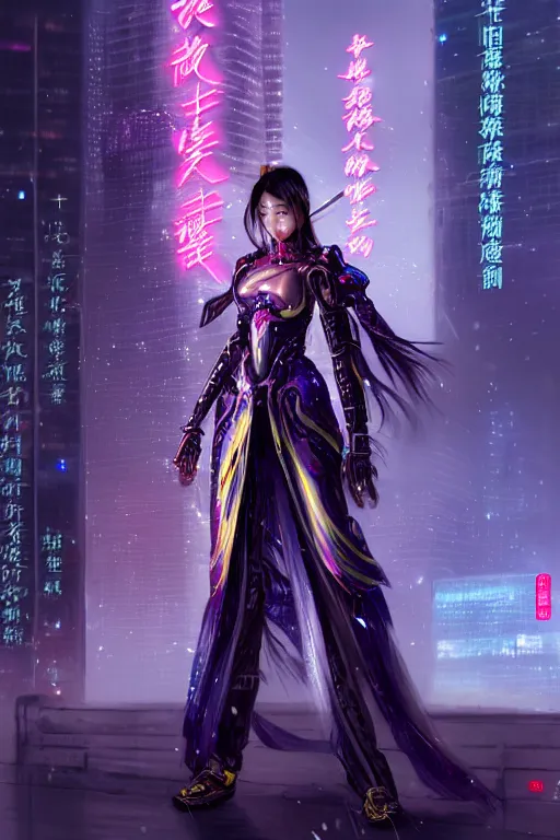 Prompt: portrait futuristic wuxia armor heroine Girl with thunder and fire sparkles and starlight, sword dance in future cyberpunk tokyo heavy rainning rooftop , ssci-fi, fantasy, intricate, very very beautiful, elegant, human structure, neon light, highly detailed, digital painting, artstation, concept art, smooth, sharp focus, illustration, art by tian zi and WLOP and alphonse mucha