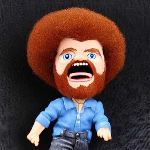 Prompt: a tiny screaming angry bob ross doll running your in rear view mirror