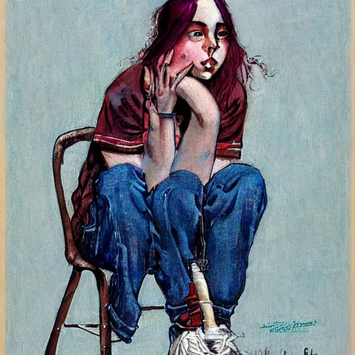 Prompt: norman rockwell painting of billie eilish full body, award winning painting, ultra detailed high quality