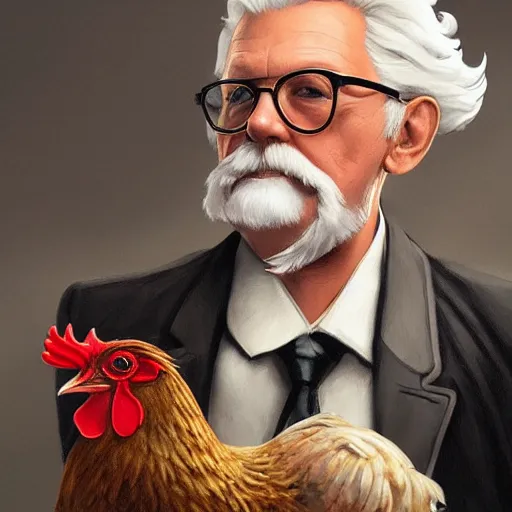 Image similar to closeup of Colonel Sanders petting a a chicken, modern setting, intricate, elegant, highly detailed, digital painting, artstation, concept art, matte, sharp focus, illustration, hearthstone, art by Artgerm and Greg Rutkowski and Alphonse Mucha