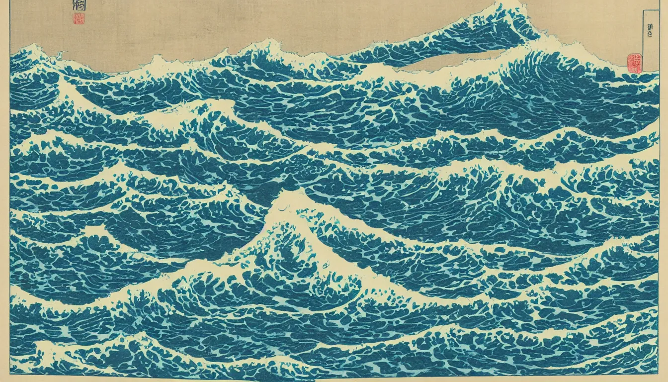 Image similar to ocean swells, japanes woodblock print