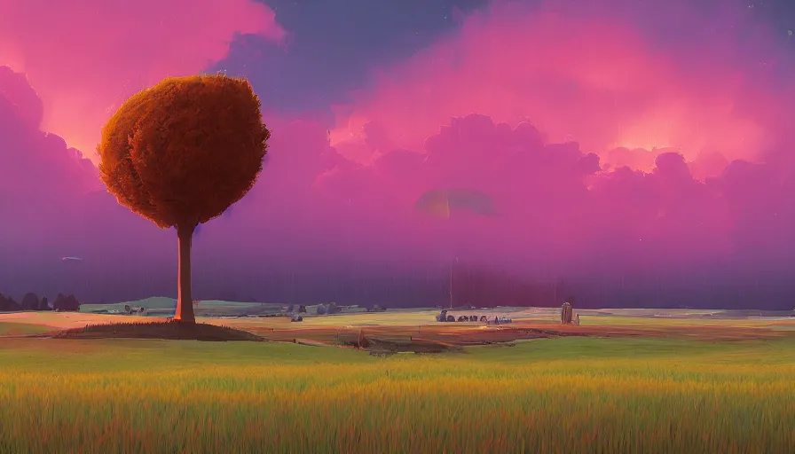 Image similar to colourful sky, wheat field, radio telescope, big trees, matte painting, art station, digital art, simon stalenhag