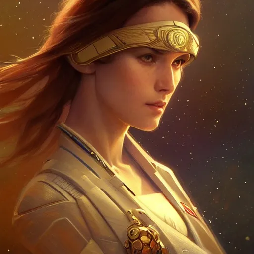 Image similar to ultra realistic illustration, beautiful female starship captain on the bridge, intricate, elegant, highly detailed, digital painting, artstation, concept art, smooth, sharp focus, illustration, art by artgerm and greg rutkowski and alphonse mucha