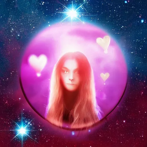 Prompt: a silhouette of a long haired woman, outer space, hearts, album art,