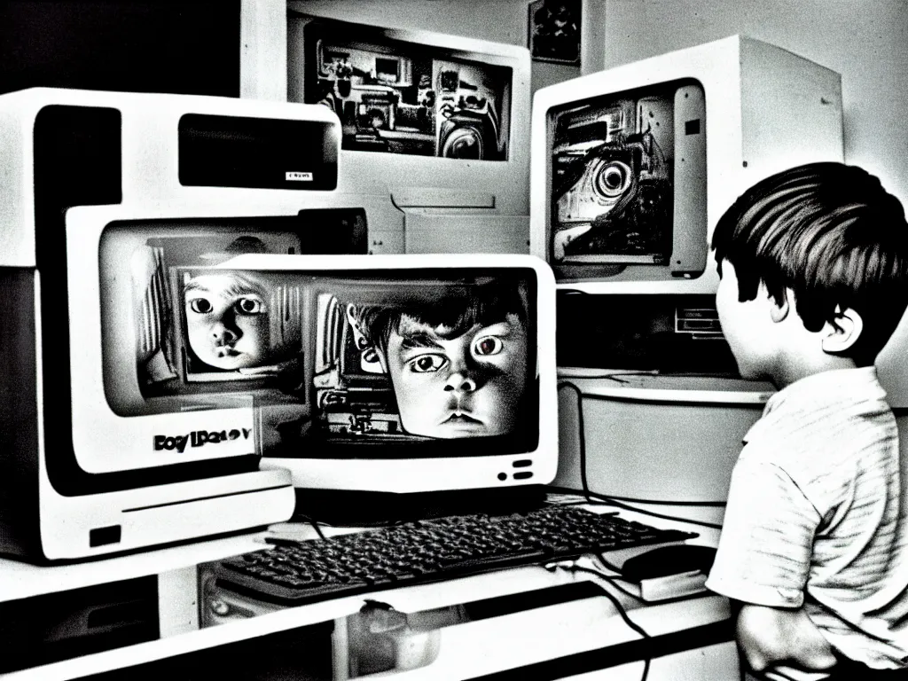 Image similar to boy looking at the PC computer from 90s by Laurie Lipton, grainy film kodak