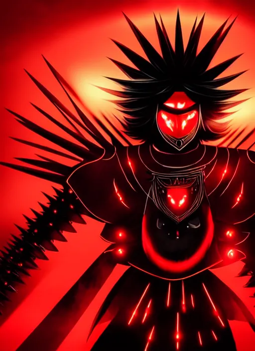 Image similar to a striking cinematic full body manga portrait of a long black haired masked male teenager wearing imposing red jagged spiked plate armour and glowing with raging powerful red energy by hirohiko araki and beeple, fine details, digital art, character concept art, volumetric lighting, cinematic light, photorealistic