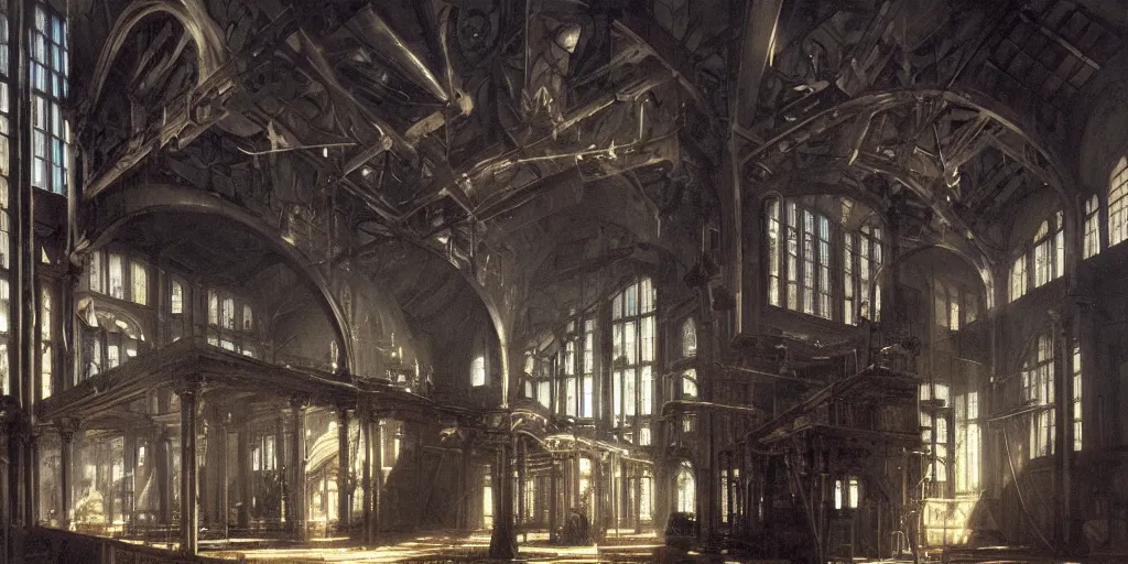 Image similar to interior, pipe organ factory, fantasy, 19th century, ghostly smoke, highly detailed, Artstation, oil on canvas painting by caravaggio and alan lee and john howe