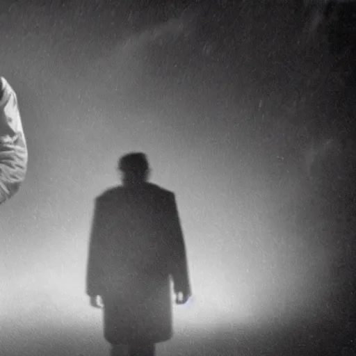 Image similar to a man in the fog and a giant starfish monster emerging above, 1950s Korean film noir in the style of Orson Welles and Ishirō Honda, ambient