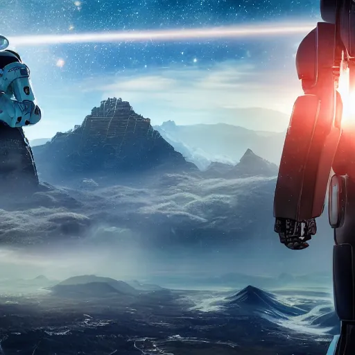 Image similar to a huge sci - fi city with a robotic man standing portrait in front of the image on a mountain, 4 k photorealistic, 8 k, nasa, space, stars