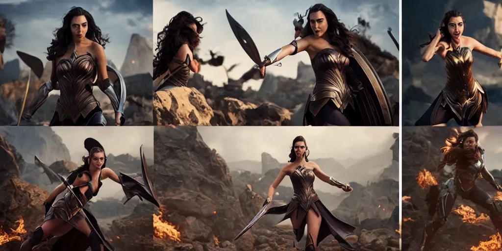 Image similar to action shoots of gal gadot portraying Kaisa in League of legends movie, multiple angles, cinematic, imax, 4K