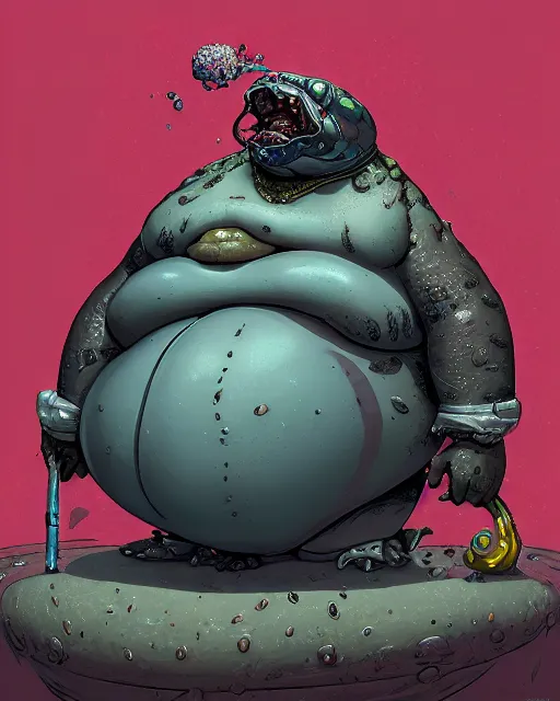 Image similar to a morbidly obese slimy anthropomorphic toad king wearing ornate cyberpunk armor, smooth, intricate, elegant, digital painting, artstation, steam, grungy steel, concept art, sharp focus, octane render, illustration, art by josan gonzalez,