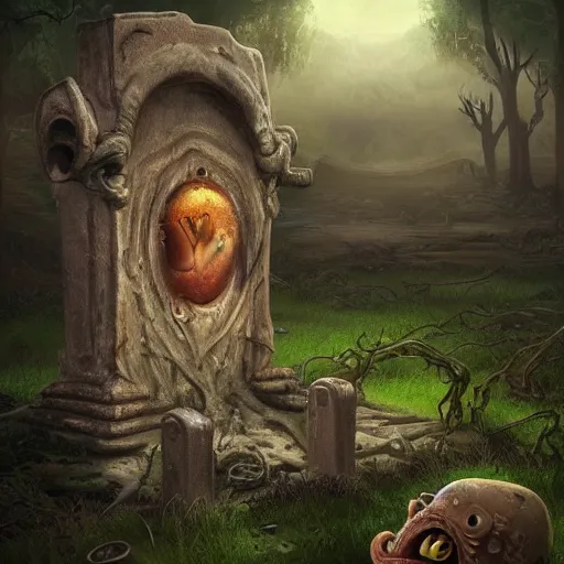 Image similar to an ancient, eldritch, and godlike garfield crying at a overgrown and abandoned grave trending on artstation deviantart pinterest photorealistic hd 8 k highlights and shadow detailed high resolution