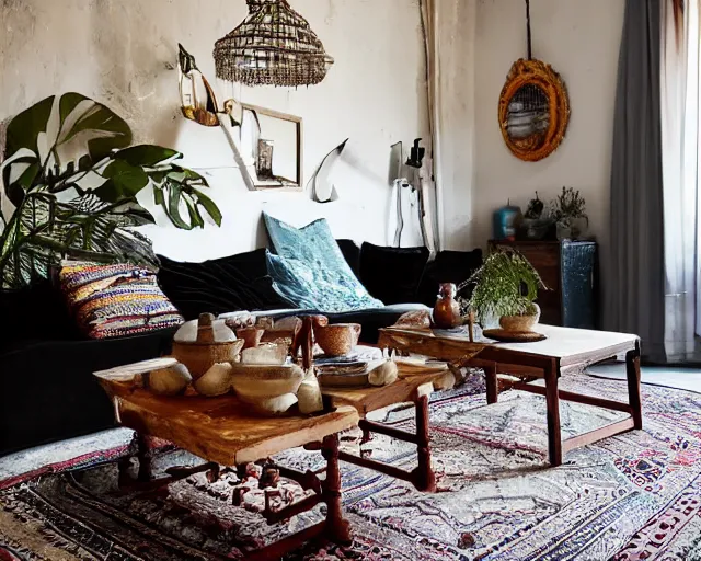 Image similar to sunrise photo of a tastefully decorated bohemian living room with dark luxurious furnishings, and a mix of antique and modern furniture, and a mix of concrete and raw wood finishes