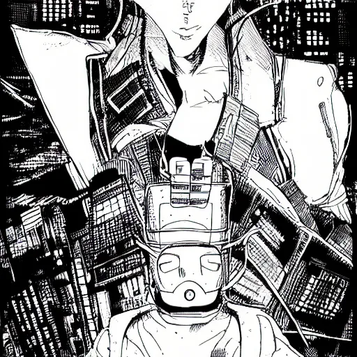 Prompt: cyberpunk hacker pen and ink illustration by tatsuki fujimoto manga panel