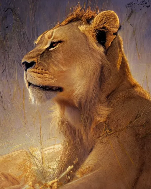 Image similar to highly detailed portrait of a majestic lioness queen in the form of a beautiful woman. d & d, art by donato giancola and ruan jia and carl larsson. trending on artstation, intricate details, energetic composition, golden ratio, concept art, illustration, elegant art