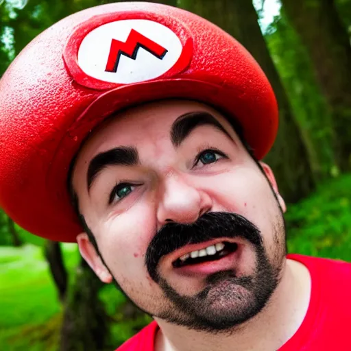 Image similar to photo of real life mario finding a giant mushroom, exhilarated, portrait, closeup. mouth open, 30mm, bokeh