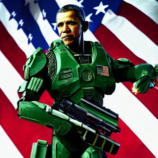 Prompt: a highly detailed photograph of barak obama as master chief, standing in front of a massive american flag, photorealistic, 4 k, wallpaper, lifelike, highly detailed, movie scene, promotional poster, action scene