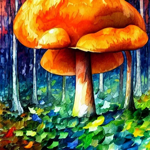 Image similar to A watercolor painting by Afremov of a psychedelic orange and blue mushroom growing on the ground in the middle of a forest.