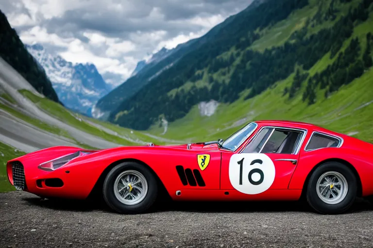 Image similar to car photography of Ferrari 250 GTO series 2 in the Swiss Alps by Emmanuel Lubezki