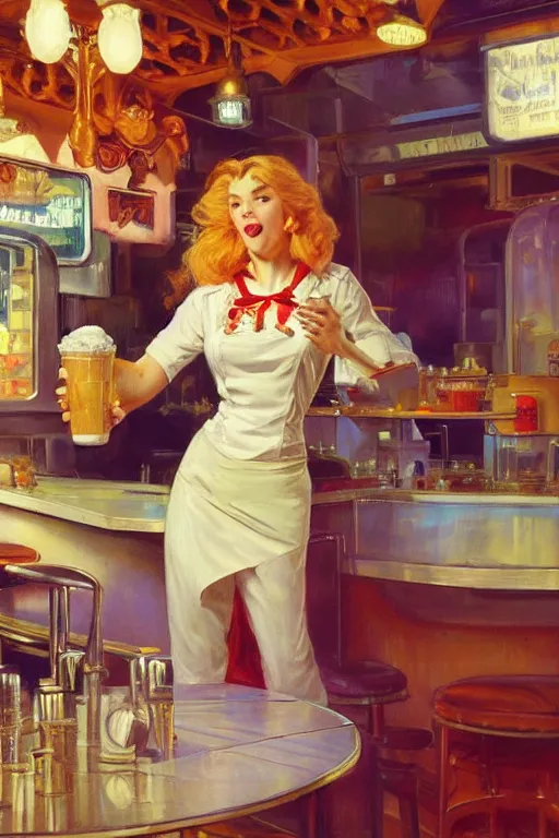 Image similar to illustration of a white female anthro wolf waitress serving milkshakes, 5 0's diner, 4 k, furaffinity, trending on artstation, very expressive face, energetic, bright colors, by gaston bussiere, craig mullins, j. c. leyendecker, gustav klimt, artgerm, greg rutkowski, alphonse mucha