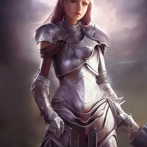 Image similar to fantasy young beautiful female Knight , made by Stanley Artgerm Lau, WLOP, Rossdraws, ArtStation, CGSociety, concept art, cgsociety, octane render, trending on artstation, artstationHD, artstationHQ, unreal engine, 4k, 8k,