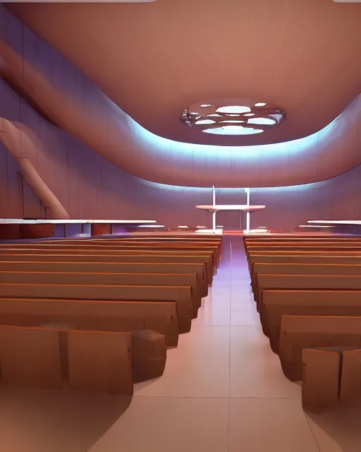 Image similar to crowd in a futuristic church, priest, pews, ethereal, inviting, bright, unreal engine, hyper realism, realistic shading, cinematic composition, realistic render, octane render, detailed textures, photorealistic, wide shot