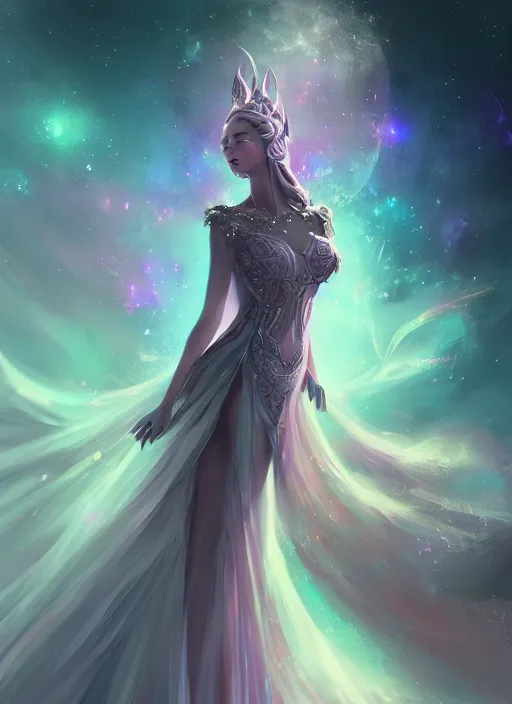 Prompt: a highly detailed illustration of elegant goddess wearing cosmic dress, elegant floating pose, beautiful detailed figure, nebula background, closed eyes smile expression, intricate, elegant, highly detailed, centered, digital painting, artstation, concept art, smooth, sharp focus, league of legends concept art, wlop