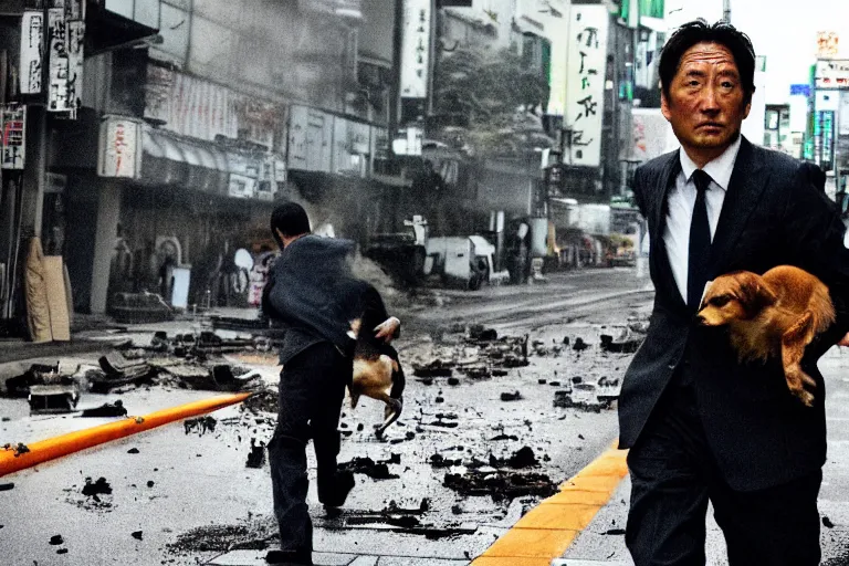 Image similar to cinematography action movie closeup portrait of a Japanese business man carrying his dog running from an explosion in Tokyo by Emmanuel Lubezki