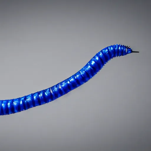 Image similar to studio photograph of a matte dark gray worm with a neon blue head and tail