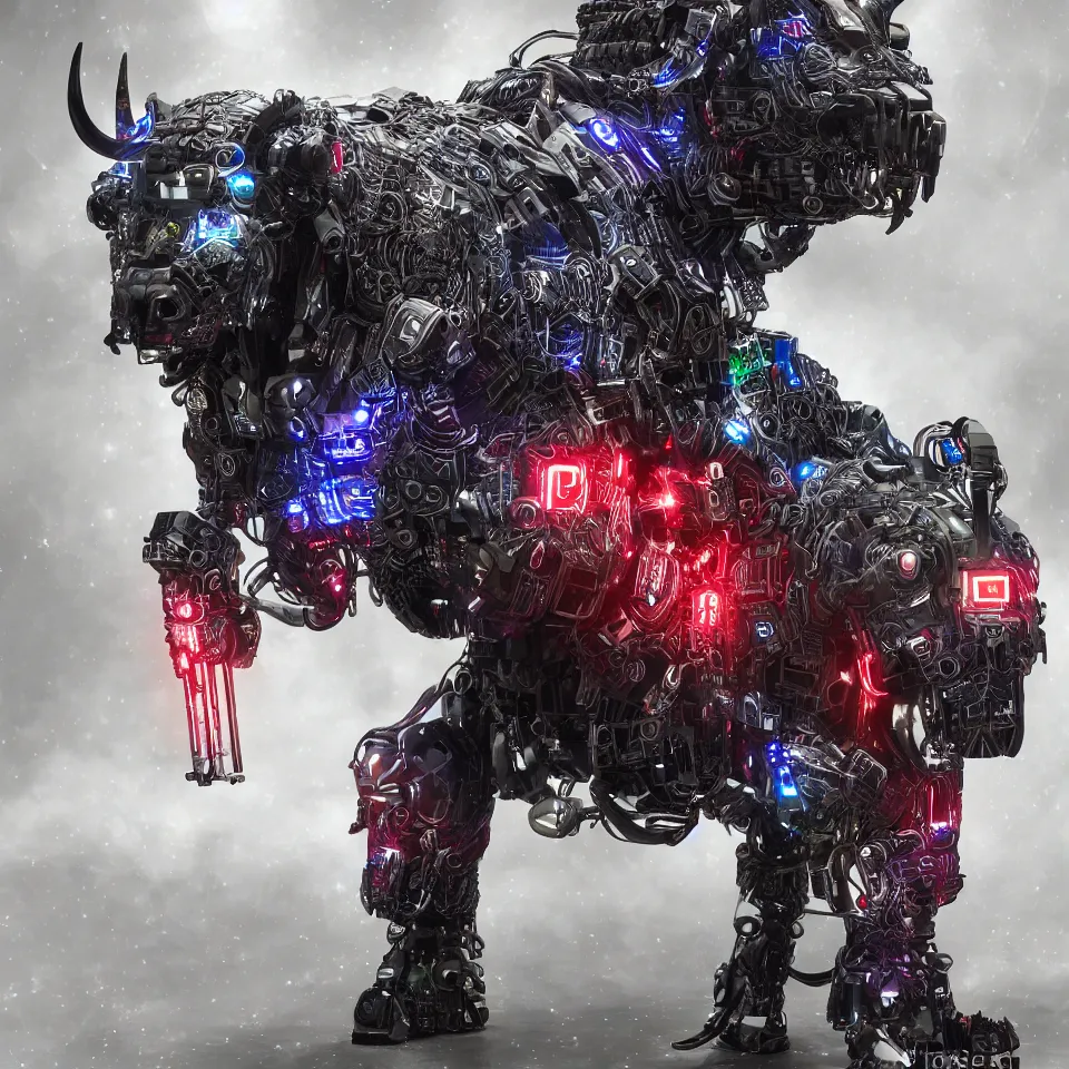 Image similar to a cybertronic bison, leds, high detail, sharp, studio, digital art