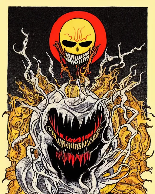 Prompt: the sun with venom's mouth and evil glowing eyes, dressed as the grim reaper, artwork by benjamin reichwald