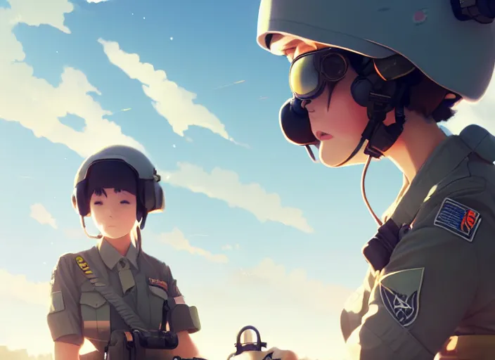 Prompt: cute pilot girl, smoky sky background battlefield landscape illustration concept art anime key visual trending pixiv fanbox by wlop and greg rutkowski and makoto shinkai and studio ghibli and kyoto animation soldier clothing military gear airplane cockpit instruments shoulder eyes