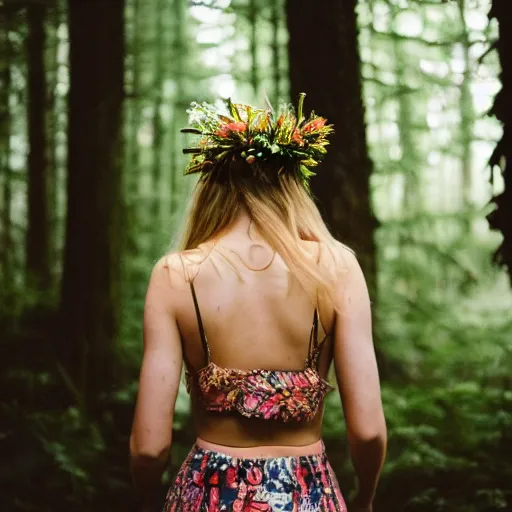 Prompt: kodak portra 4 0 0 photograph of a gorgeous blonde young woman standing in a dark forest, back view, flower crown, moody lighting, telephoto, 9 0 s vibe, intricate back tattoos, blurry background, vaporwave colors, faded!,