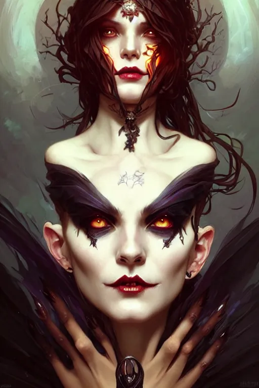 Image similar to halloween witch woman, fantasy magic, undercut hairstyle, intricate, elegant, sharp focus, illustration, highly detailed, digital painting, concept art, matte, art by wlop and artgerm and greg rutkowski and alphonse mucha, masterpiece