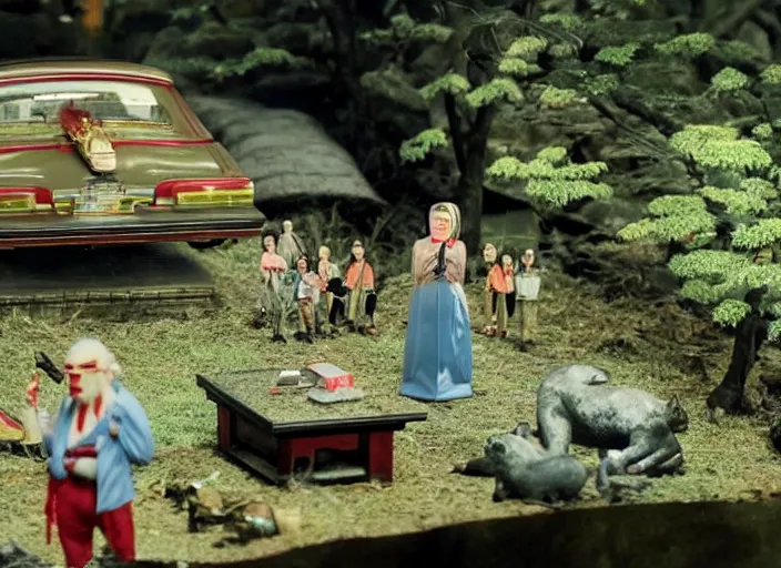 Prompt: Still frame from scene from the retro Twin Peaks japanese miniatures diorama, directed by Nobuhiko Obayashi