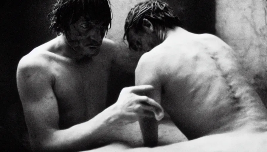 Image similar to movie still of jean - paul marat a wound at the chest, bleeding in the bath, cinestill 8 0 0 t 3 5 mm b & w, high quality, heavy grain, high detail, cinematic composition, dramatic light, anamorphic, ultra wide lens, hyperrealistic, by josef sudek