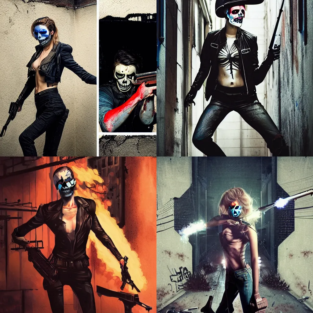 Prompt: emale Samara Weaving with skull face paint, holding a shotgun,Tom Bagshaw, David Baldeon, Rafael Albuquerque comic art, in an action pose, in an alleyway during The Purge, night time dark with neon colors, fires, horror, Tom Bagshaw, David Baldeon, Rafael Albuquerque comic art