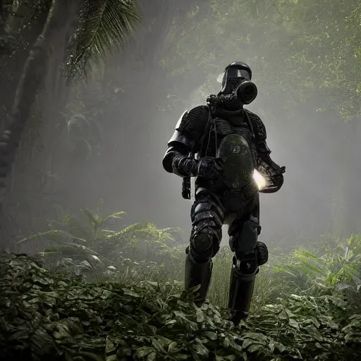 Prompt: a heavily armored man wearing a gasmask, walking through a lush jungle, realistic octane render, ray traced, god rays, extremely high detail