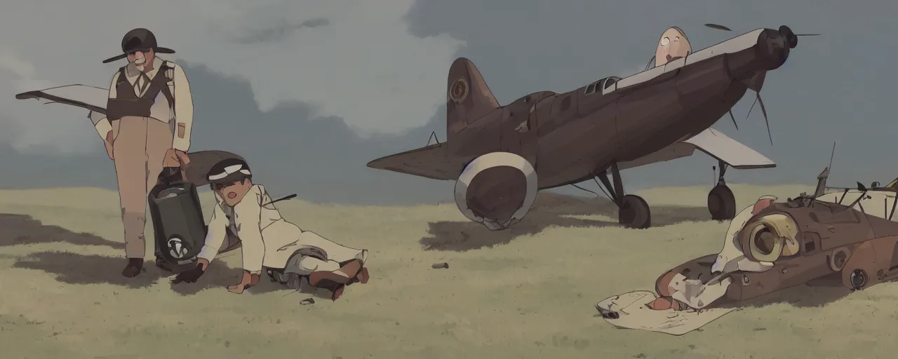 Prompt: dead baby seal dressed as a pilot from the 1 9 3 0 s, on the ground next to a crashed japanese zero plane, atey ghailan, goro fujita, studio ghibli, rim light, harsh bright lighting, clear focus, very coherent